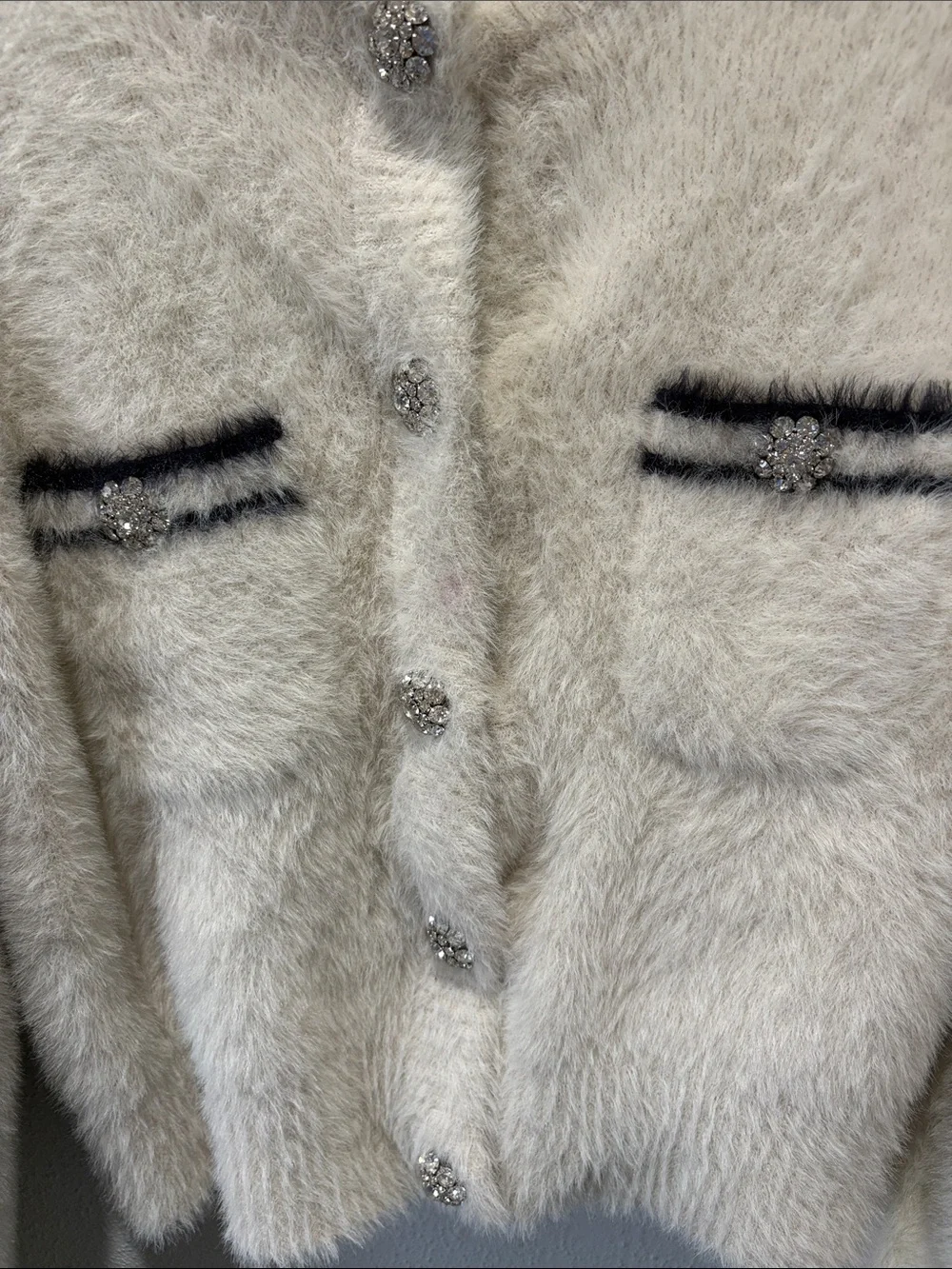 J. Crew Cream Fuzzy Button-Front Cardigan with Black Trim